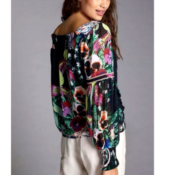 Anthropologie Lil Sire Puff Sleeved Smocked Floral Sheer Blouse Black Small - Picture 3 of 9